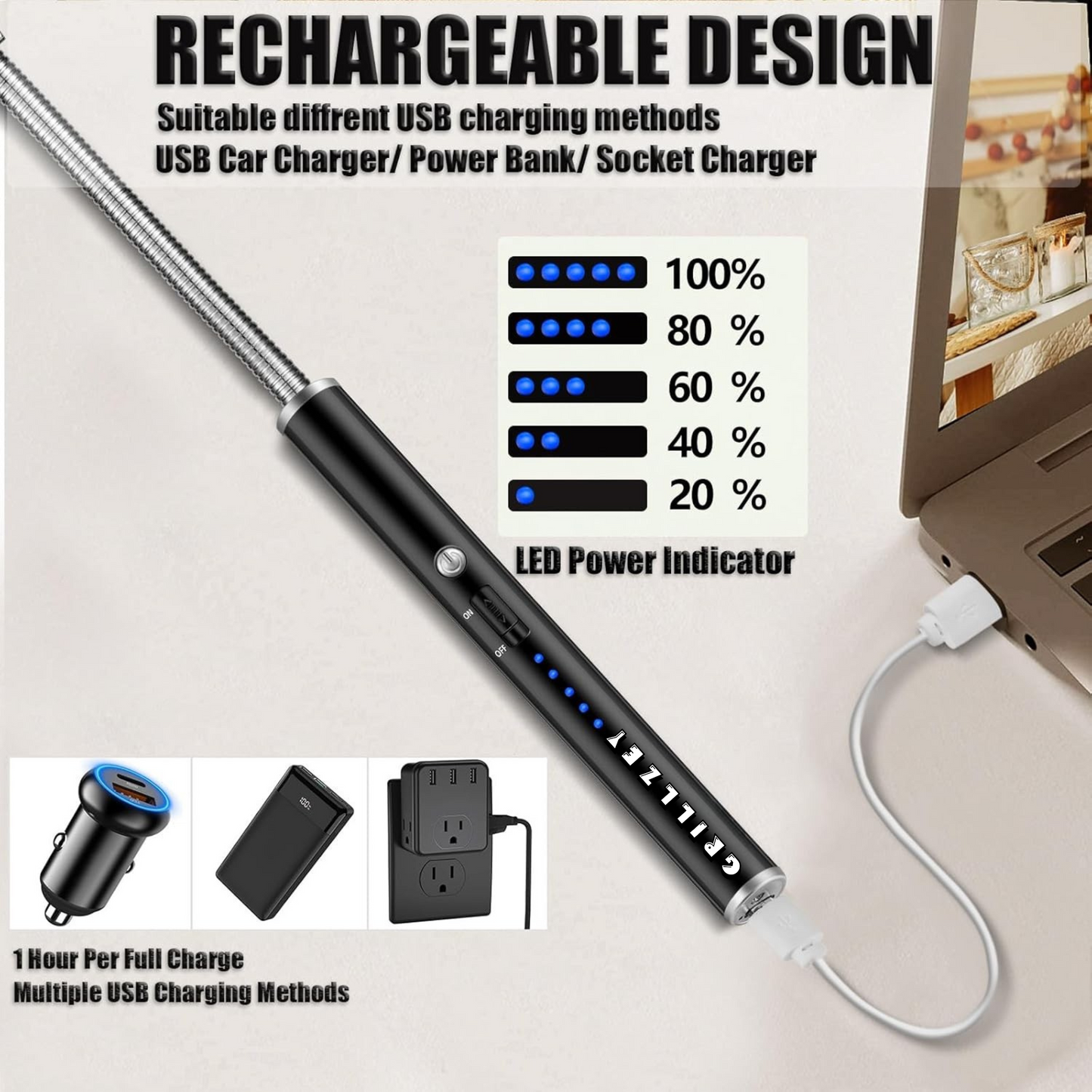 GRILLZEY® Plasma Arc Electric Lighters Rechargeable - USB Long Reach for Scented Candles, BBQ Grill &Camping - Windproof Design Lighters